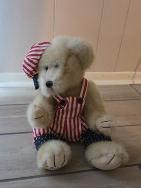 Cherish Cream Bear in Red & Navy Striped Overalls